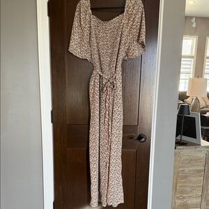 Smocked Floral Jumpsuit with Tie Waist - Beige Floral
